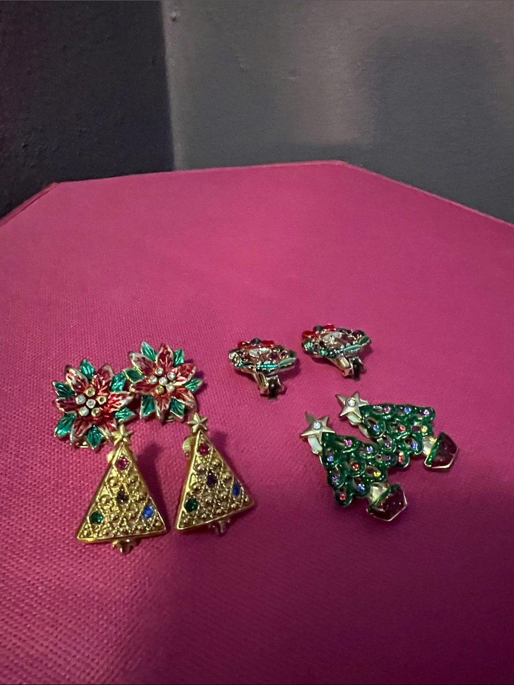Vintage Festive Christmas Tree and Poinsettia Clip On Earrings Set